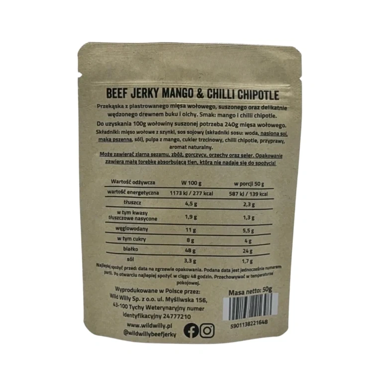 Suszona wołownia BEEF JERKY MANGO & CHILLI 50g